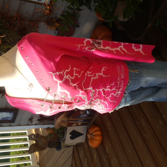 VANCE BIKERWEAR ♡ Pink L|S Spiders|Volts Graphics Studs|Rhinestones|Chains Top S - Picture 5 of 17